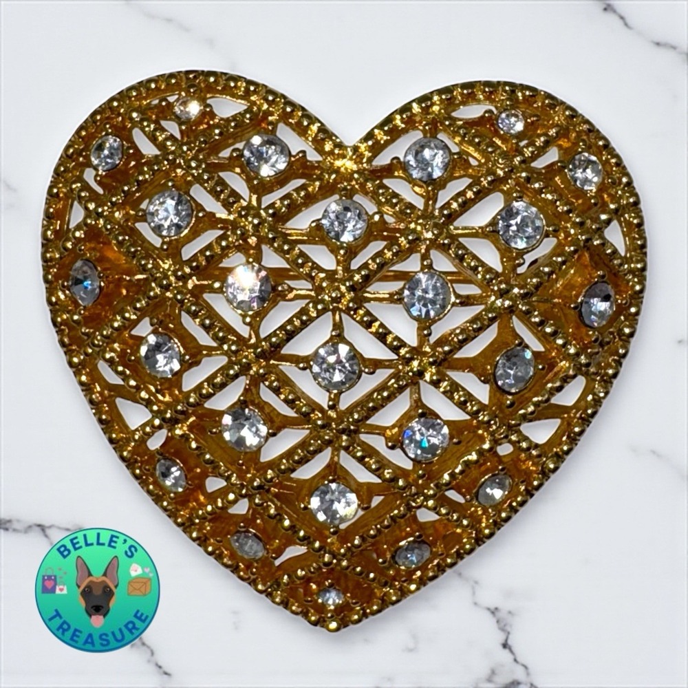 VTG Gold Tone Heart Brooch Pin Clear Rhinestones Filigree Lattice Design Jewelry